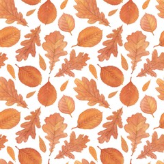 Hand-drawn autumn foliage. Watercolor and pencils. Seamless pattern autumn leaves lovely print for wrapping paper, postcard, fabric, background.