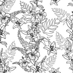 Seamless pattern of hand drawn sketch style flowers and plants isolated on white background. Vector illustration.