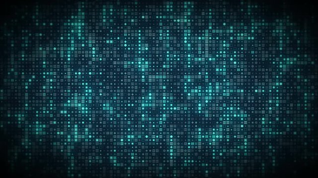 Bright glowing computer symbols appear on stream grid in futuristic big data information technology concept. Dark cyberspace internet or cryptocurrency blockchain network background. 4K 3D animation
