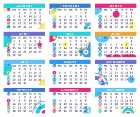 Scheduling calendar for 2019, Template design, set of 12 months. Basis for illustrations and postcards. Vector illustration