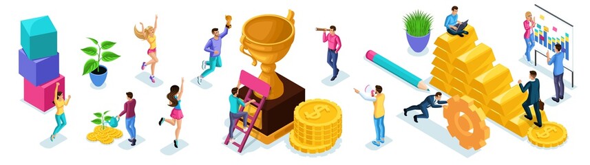Isometric set of entrepreneurs for creating advertising concepts, achieving goals, moving to success, working together. The concept for web banners
