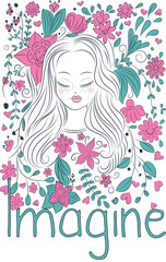 Obraz na płótnie Canvas Dreamy doodle style girl illustration on floral background. Vector illustration. Usable for prints, posters, stationary, wrapping.