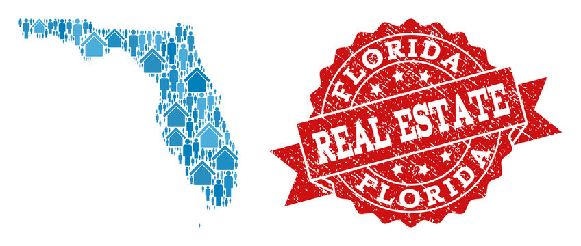 Real Estate Collage Of Blue Mosaic Map Of Florida State And Rubber Seal. Vector Red Seal With Scratched Rubber Texture. Mosaic Map Of Florida State Constructed With Realty And Men.