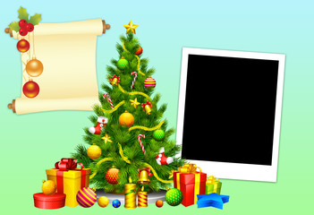 christmas frame with tree and gifts