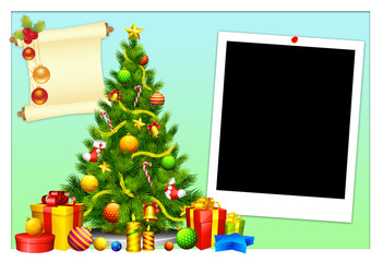 Photo frame christmas tree and gifts