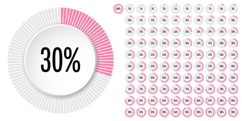 Set of circle percentage diagrams (meters) from 0 to 100 ready-to-use for web design, user interface (UI) or infographic - indicator with pink