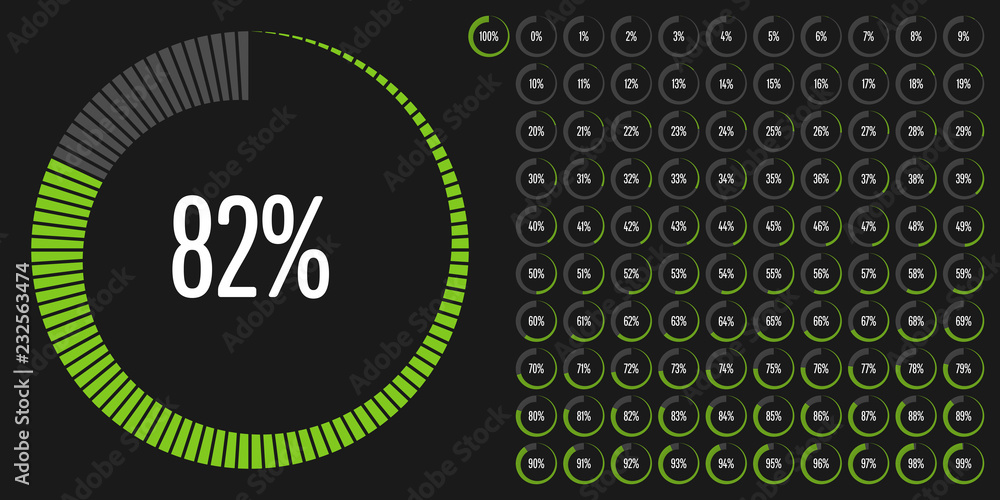 Poster set of circle percentage diagrams (meters) from 0 to 100 ready-to-use for web design, user interface