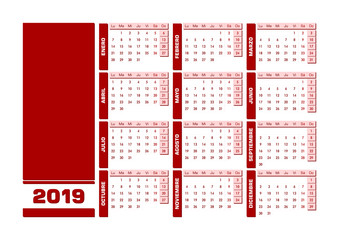Calendario 2019 en espa&ntilde;ol castellano con espacio para a&ntilde;adir imagen o texto. Dise&ntilde;o vectorial con todos los elementos convenientemente agrupados y organizados para una edici&oacute;n sencilla.