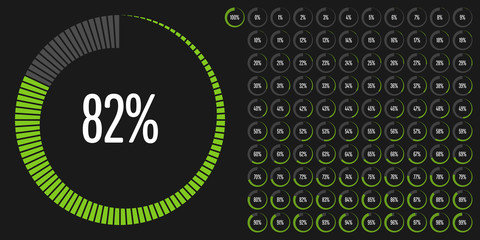 Set of circle percentage diagrams (meters) from 0 to 100 ready-to-use for web design, user interface (UI) or infographic - indicator with green