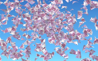 Obraz premium Flying euro banknotes against the sky background. Money is flying in the air. 500 EURO in color. 3D illustration
