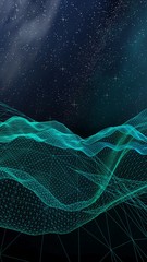 Star horizon. Abstract landscape on a dark background. Cyberspace grid. Hi-tech network. Outer space. Starry outer space texture. 3D illustration