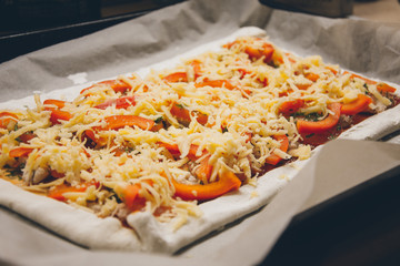 Homemade pizza. Products from puff pastry. Cooking yourself. Healthy food. Vegetables, cheese, greens, chicken. Dough. Process of making pizza.