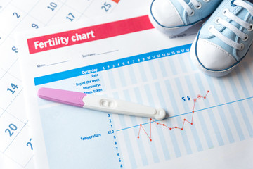 Pregnancy test and baby shoes on fertility chart