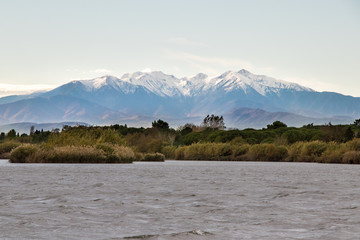 Vue du Massif du Canigou depuis l'embouchure de l'Agly