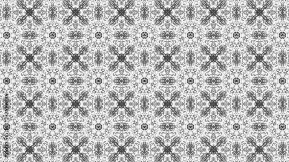 Poster animated kaleidoscope screensaver of white round particles. abstract background. 3d rendering