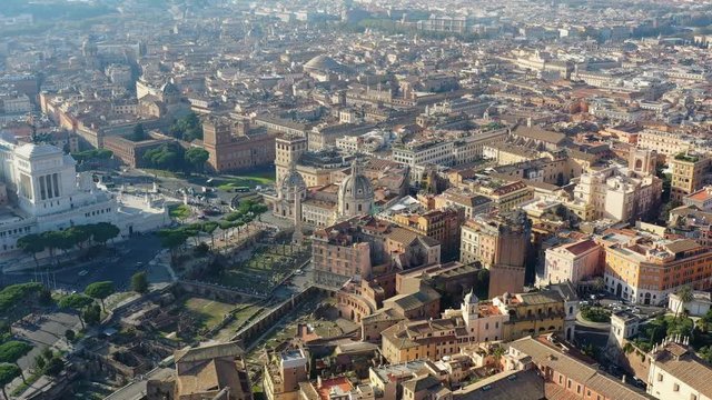 Aerial panoramic view of Rome, ancient city center and excavation site, Altare della Patria (Altar of the Fatherland) - cityscape panorama of capital city of Italy from above, Europe