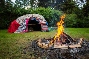 Traditional native sweat lodge with hot stones