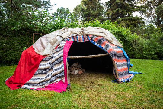 Traditional native sweat lodge with hot stones