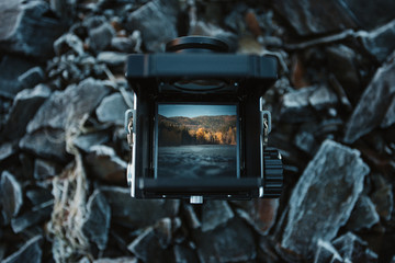 Mountain landscape as seen through a vintage camera viewfinder.