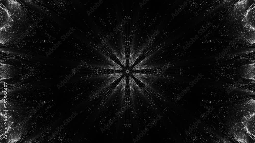 Poster animated kaleidoscope screensaver of white round particles. abstract background. 3d rendering