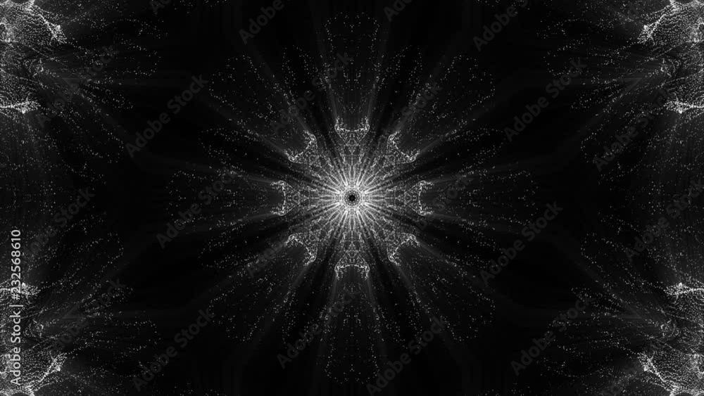 Poster animated kaleidoscope screensaver of white round particles. abstract background. 3d rendering