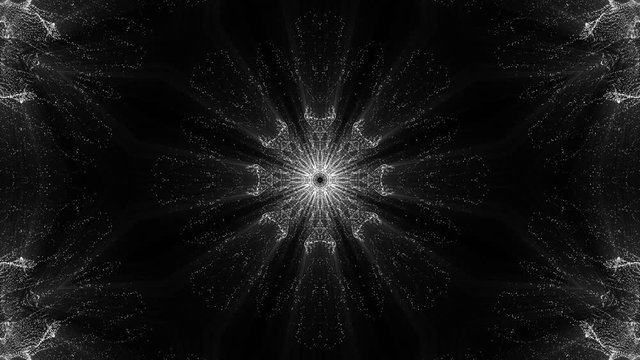 Animated kaleidoscope screensaver of white round particles. abstract background. 3d rendering