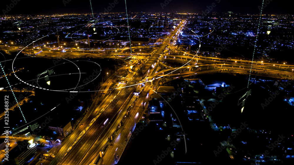 Poster futuristic digital broadcasting, gps location signals and data connectivity in the cityscape at nigh
