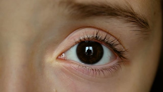 Girl child eye, dark brown left eye close up, Closeup of girl child eye