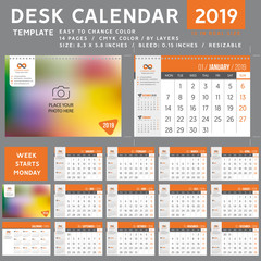 Desk calendar 2019. desktop calendar template. Week starts on Monday. Vector Illustration. suitable for company spiral calendar, orange