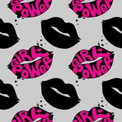 Seamless pattern with grunge lips and girl power lettering. Feminist slogan. 