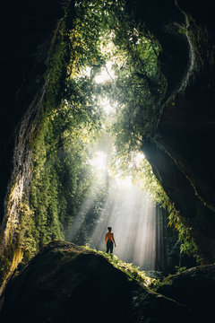 Man standing in forest in sunbeams, Yosemite National Park