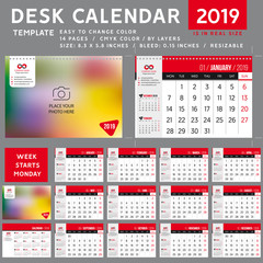 Desk calendar 2019. desktop calendar template. Week starts on Monday. Vector Illustration. suitable for company spiral calendar, red