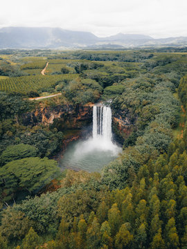 Aerial View Of Waterfall In Maui Jungle, Hawaii