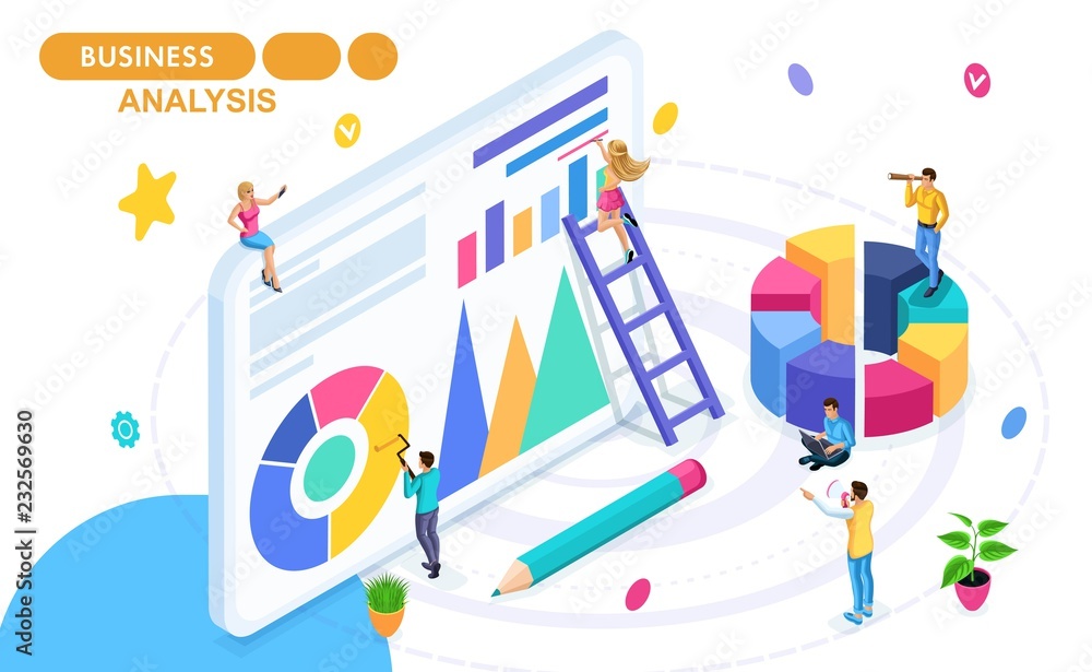 Poster isometric concept of data collection and analysis, statistics collection and reports. isometric peop