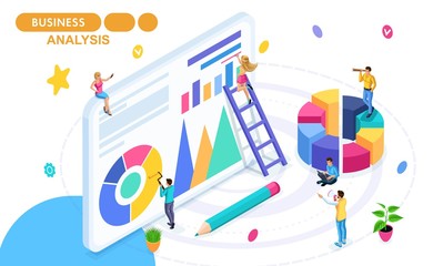 Isometric Concept of data collection and analysis, statistics collection and reports. Isometric people in motion. Concepts for web banners and printed materials