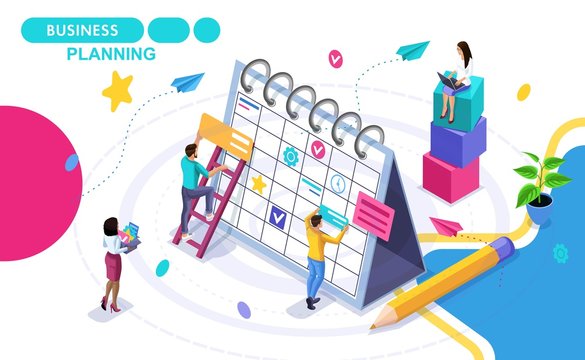 Isometric Concept of business planning, drawing up development schedules business. Isometric people in motion. Concepts for web banners and printed materials