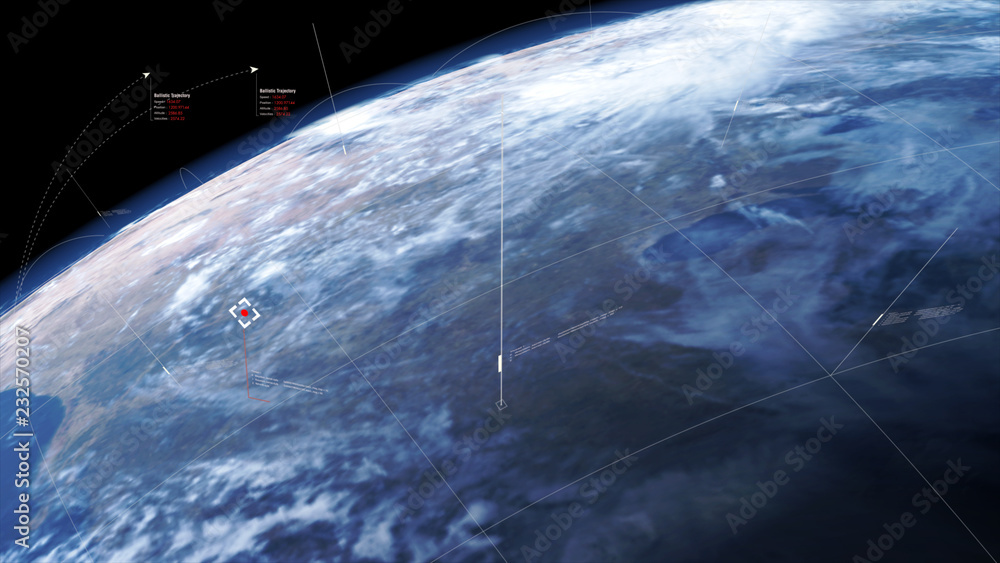 Poster futuristic earth strategic defense targeting infographic head up display of incoming missile and ene