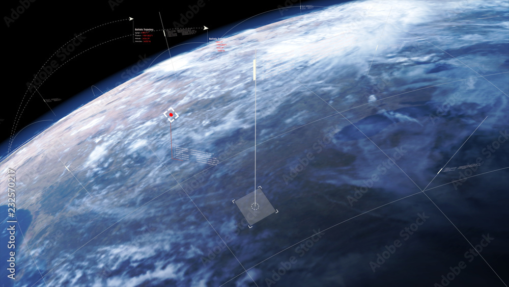 Poster futuristic earth strategic defense targeting infographic head up display of incoming missile and ene