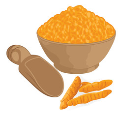 Turmeric powder in a bowl and roots