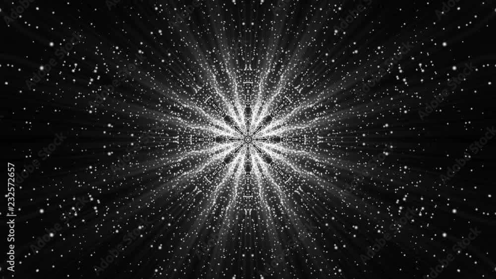 Poster animated kaleidoscope screensaver of white round particles. abstract background. 3d rendering
