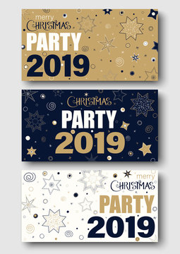 Merry Christmas party 2019. Set of festive posters or invitation cards.
