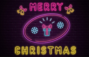 Merry Christmas neon luminous poster with gift on brick textured background.