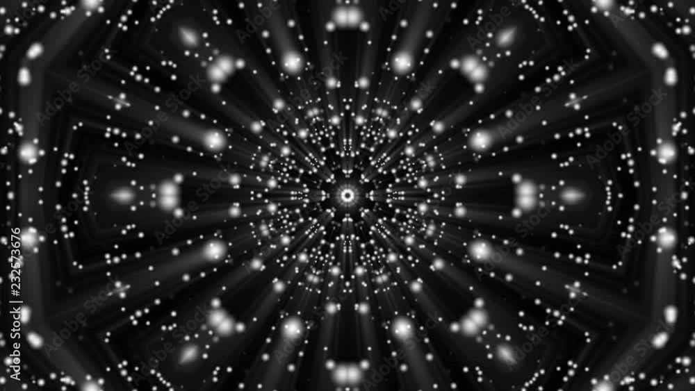 Poster animated kaleidoscope screensaver of white round particles. abstract background. 3d rendering
