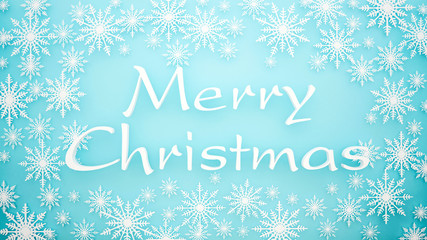 Merry christmas text and snowflake on bright blue background. Artwork for christmas or winter season. 3D Illustration