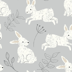 Cotton fabric seamless bunny rabbit repeat pattern background with cute cream rabbits and gray leaves on a gray background