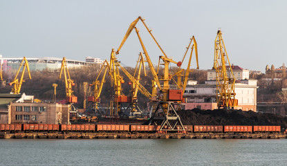 A large large cargo ship enters the harbor of a container terminal in the Odessa seaport, the largest Ukrainian seaport and a large cargo and passenger transport hub of Ukraine