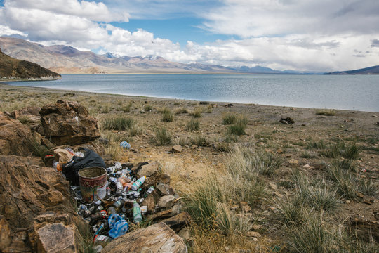 polluted terrain in beautiful mongolian landscape