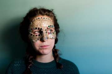young woman with masquerade, DIY gold mask