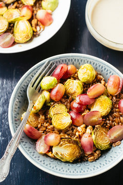 Farro with Roasted Brussels Sprouts and Red Grapes