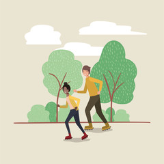 couple on roller skates in the park